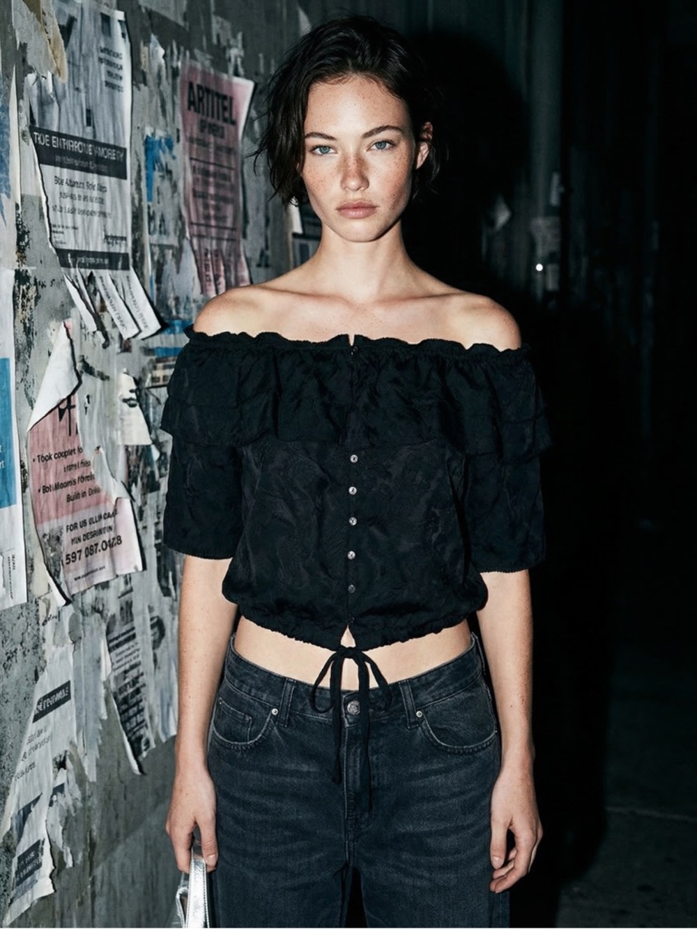 Zadig & Voltaire Black Silk Off Shoulder Ruffle Tie Waist Blouse Size S
